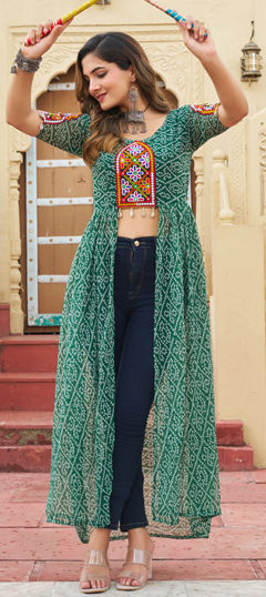 Green color Kurti in Georgette fabric with Bandhej, Patch, Printed work