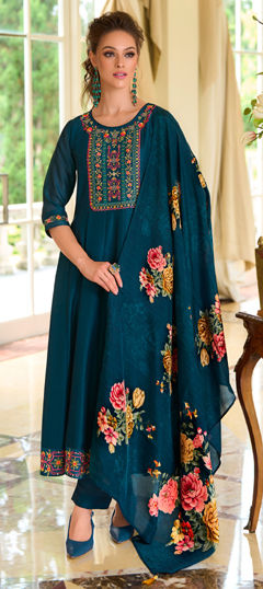 Blue color Salwar Kameez in Silk fabric with Embroidered work