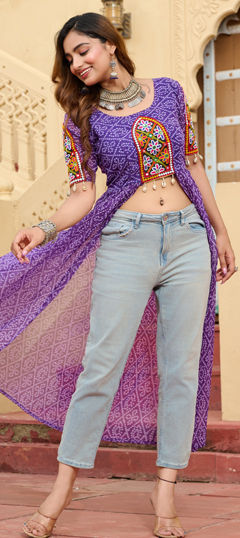 Purple and Violet color Kurti in Georgette fabric with Bandhej, Patch, Printed work