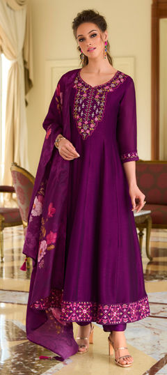 Purple and Violet color Salwar Kameez in Silk fabric with Embroidered work