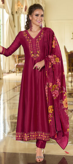Pink and Majenta color Salwar Kameez in Silk fabric with Embroidered work