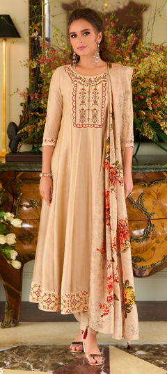 Beige and Brown color Salwar Kameez in Silk fabric with Embroidered work