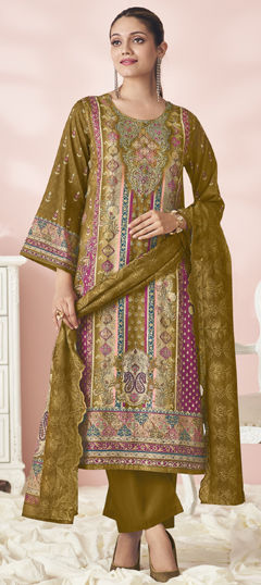 Yellow color Salwar Kameez in Cotton, Lawn fabric with Digital Print, Floral, Resham, Sequence, Thread work