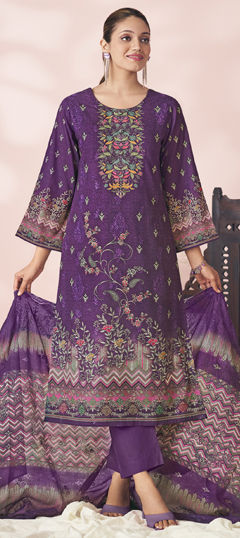 Purple and Violet color Salwar Kameez in Cotton, Lawn fabric with Digital Print, Floral, Printed, Resham, Sequence work