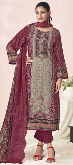 Red and Maroon color Salwar Kameez in Cotton, Lawn fabric with Digital Print, Floral, Resham, Sequence, Thread work