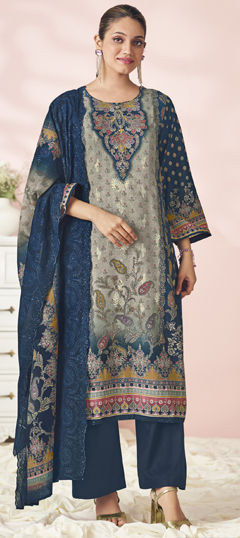 Blue color Salwar Kameez in Cotton, Lawn fabric with Digital Print, Floral, Resham, Sequence, Thread work