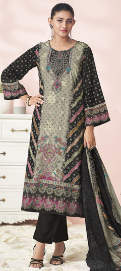 Black and Grey color Salwar Kameez in Cotton, Lawn fabric with Digital Print, Floral, Resham, Sequence, Thread work