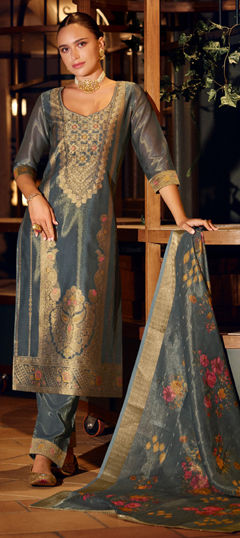 Black and Grey color Salwar Kameez in Banarasi Silk fabric with Weaving, Zari work