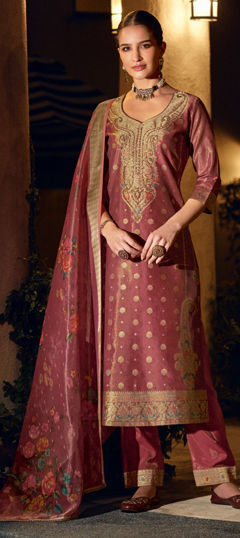 Red and Maroon color Salwar Kameez in Banarasi Silk fabric with Weaving, Zari work