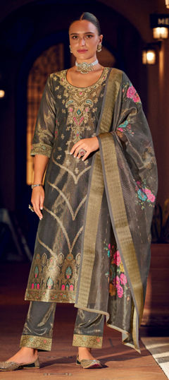 Black and Grey color Salwar Kameez in Banarasi Silk fabric with Weaving, Zari work