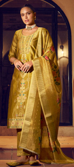 Yellow color Salwar Kameez in Banarasi Silk fabric with Weaving, Zari work