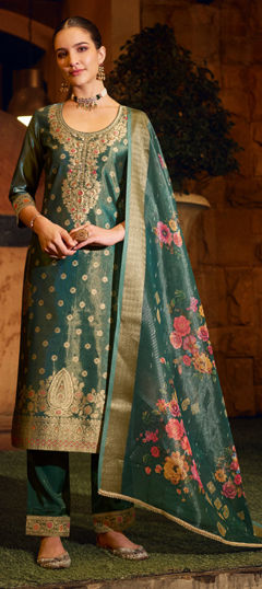 Blue color Salwar Kameez in Banarasi Silk fabric with Weaving, Zari work