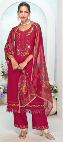 Pink and Majenta color Salwar Kameez in Viscose fabric with Bugle Beads, Cut Dana, Embroidered, Sequence work