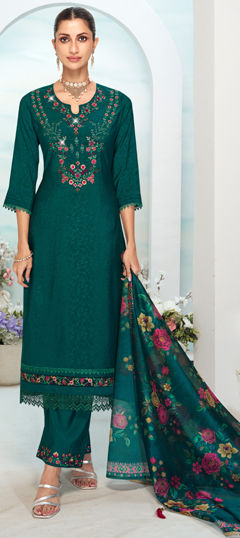 Green color Salwar Kameez in Viscose fabric with Bugle Beads, Cut Dana, Embroidered, Sequence work