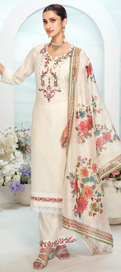 White and Off White color Salwar Kameez in Viscose fabric with Bugle Beads, Cut Dana, Embroidered, Sequence work