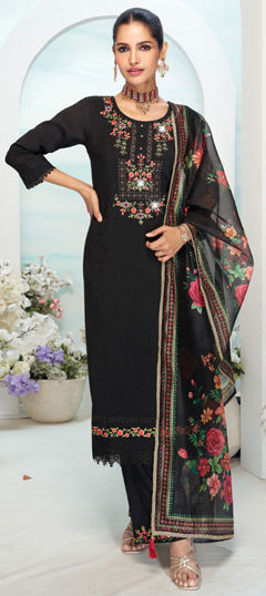 Black and Grey color Salwar Kameez in Viscose fabric with Bugle Beads, Cut Dana, Embroidered, Sequence work
