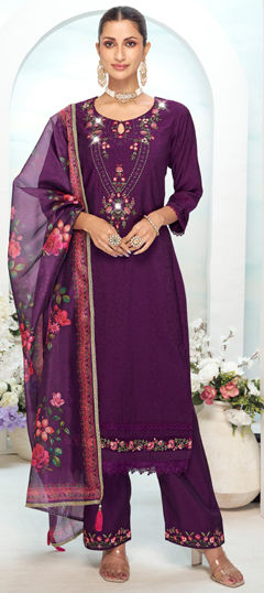 Purple and Violet color Salwar Kameez in Viscose fabric with Bugle Beads, Cut Dana, Embroidered, Sequence work