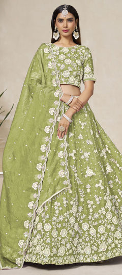 Green color Lehenga in Organza Silk fabric with Embroidered, Thread work