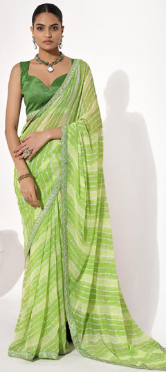 Green color Saree in Georgette fabric with Lace, Lehariya, Printed work
