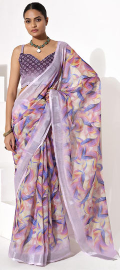 Purple and Violet color Saree in Blended Cotton fabric with Printed work