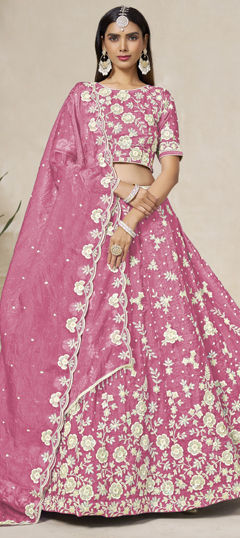 Pink and Majenta color Lehenga in Organza Silk fabric with Embroidered, Thread work