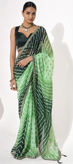 Green color Saree in Georgette fabric with Bandhej, Lace, Lehariya, Printed work