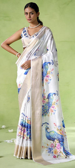 White and Off White color Saree in Blended fabric with Floral, Printed work