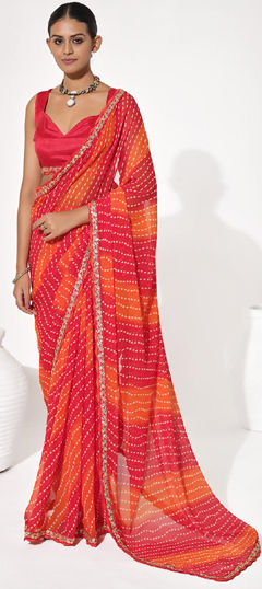 Red and Maroon color Saree in Georgette fabric with Bandhej, Embroidered, Printed work