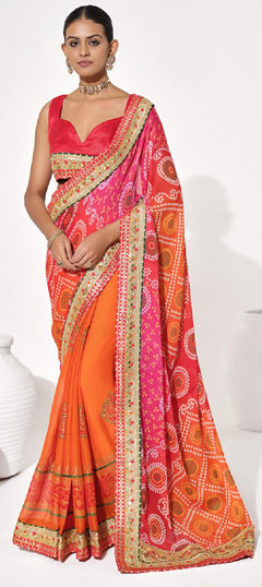 Orange color Saree in Georgette fabric with Bandhej, Border, Printed work