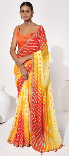 Yellow color Saree in Georgette fabric with Bandhej, Lace, Lehariya, Printed work