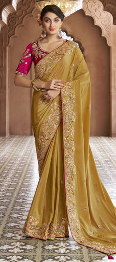 Yellow color Saree in Georgette fabric with Embroidered, Sequence, Stone, Thread work