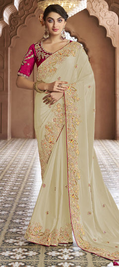 Beige and Brown color Saree in Georgette fabric with Embroidered, Sequence, Stone, Thread work