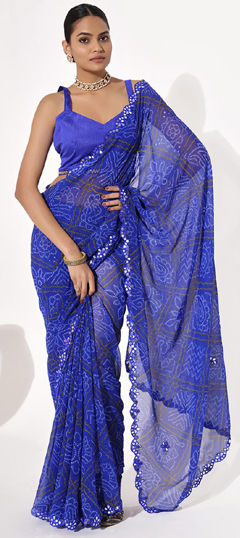 Blue color Saree in Georgette fabric with Bandhej, Lace, Printed work