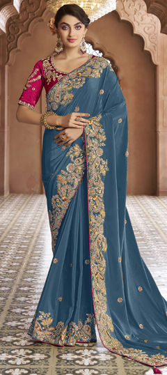 Blue color Saree in Georgette fabric with Embroidered, Sequence, Stone, Thread work
