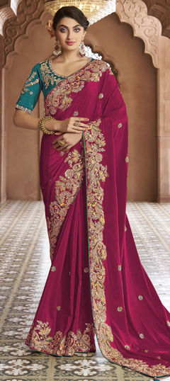 Pink and Majenta color Saree in Georgette fabric with Embroidered, Sequence, Stone, Thread work