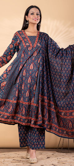Blue color Dress in Cotton fabric with Printed work