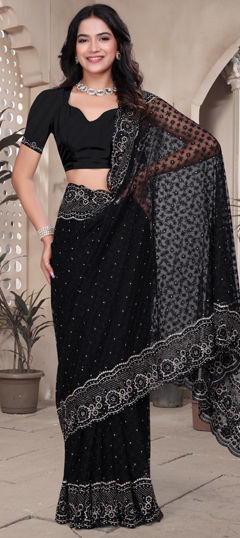 Black and Grey color Saree in Net fabric with Embroidered, Resham, Stone, Zari, Zircon work