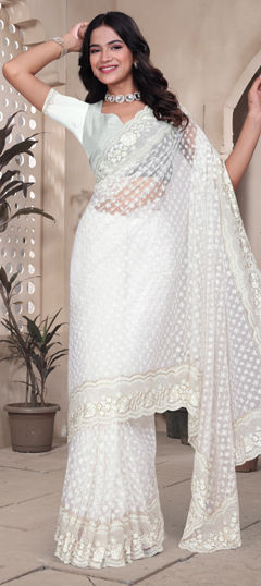 White and Off White color Saree in Net fabric with Embroidered, Resham, Stone, Zari, Zircon work