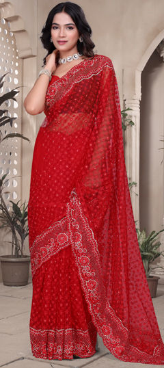 Red and Maroon color Saree in Net fabric with Embroidered, Resham, Stone, Zari, Zircon work