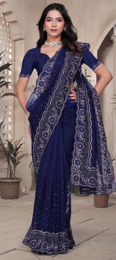 Blue color Saree in Net fabric with Embroidered, Resham, Stone, Zari, Zircon work