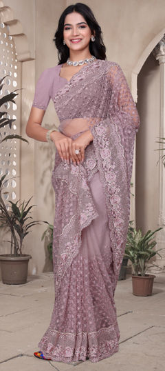 Purple and Violet color Saree in Net fabric with Embroidered, Resham, Stone, Zari, Zircon work