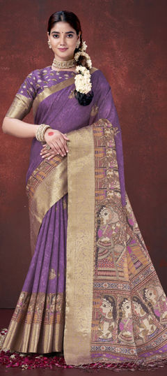 Purple and Violet color Saree in Silk fabric with Digital Print, Weaving work