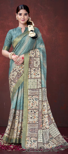 Blue color Saree in Silk fabric with Digital Print, Weaving work