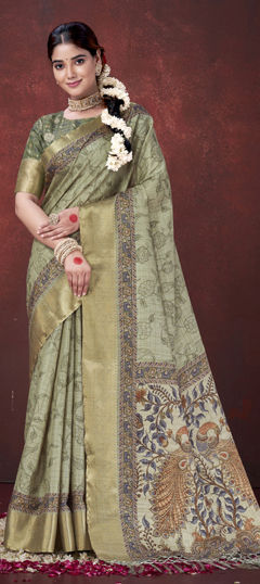 Green color Saree in Silk fabric with Digital Print, Weaving work