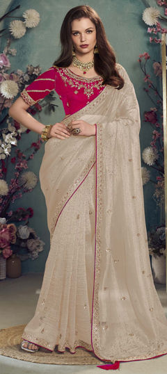 Beige and Brown color Saree in Organza Silk fabric with Sequence, Zari work