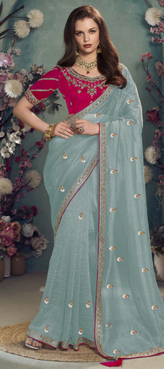 Blue color Saree in Organza Silk fabric with Sequence, Zari work