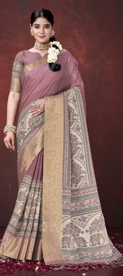 Pink and Majenta color Saree in Silk fabric with Digital Print, Weaving work