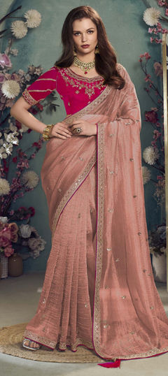 Pink and Majenta color Saree in Organza Silk fabric with Sequence, Zari work