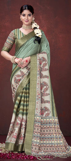 Green color Saree in Silk fabric with Digital Print, Weaving work