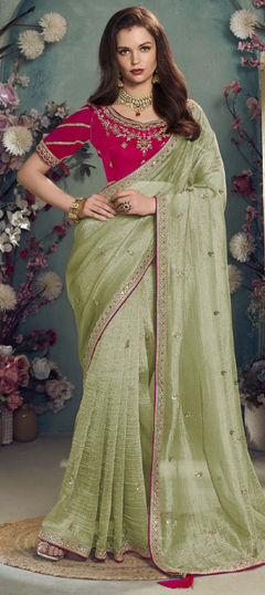 Green color Saree in Organza Silk fabric with Sequence, Zari work